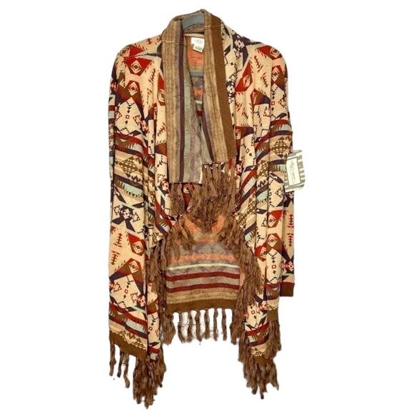 NEW Tasha Polizzi brown aztec southwestern open draped fringe cardigan size S - Picture 1 of 7